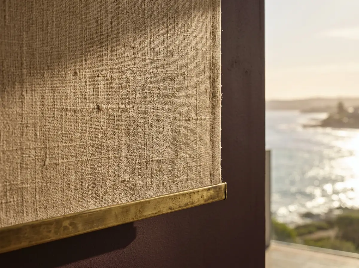 Close-up detail of roller blind fabric and mechanism in aubergine-brown tones