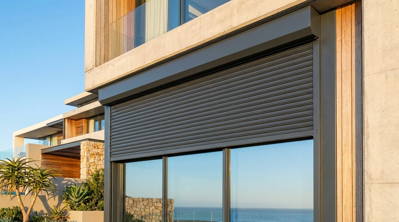 An exterior aluminium roller shutter partly rolled down over a large window on a Big Bay coastal home, its rigid horizontal slats descending from a headbox in slim side guides on the outside of the glass, stopping low afternoon sun before it reaches the pane