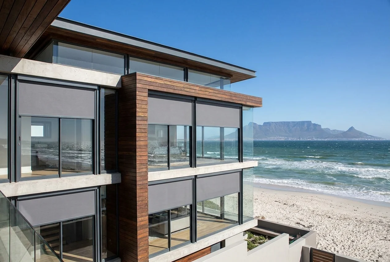 Modern beachfront home in Bloubergstrand, Cape Town, with roller blinds fitted to large windows
