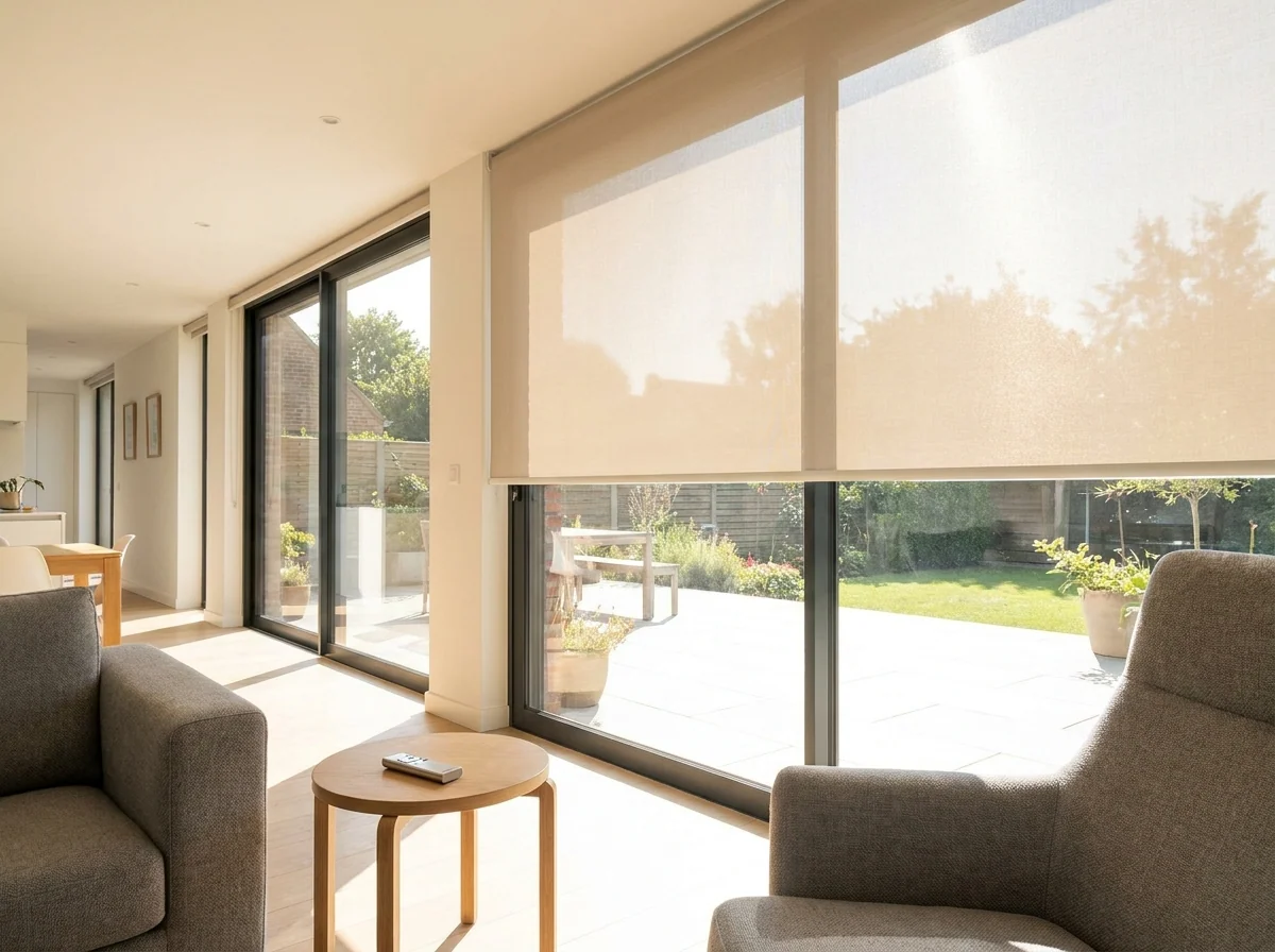 Motorised blockout blind fully lowered in a Big Bay bedroom, warm wood-toned interior