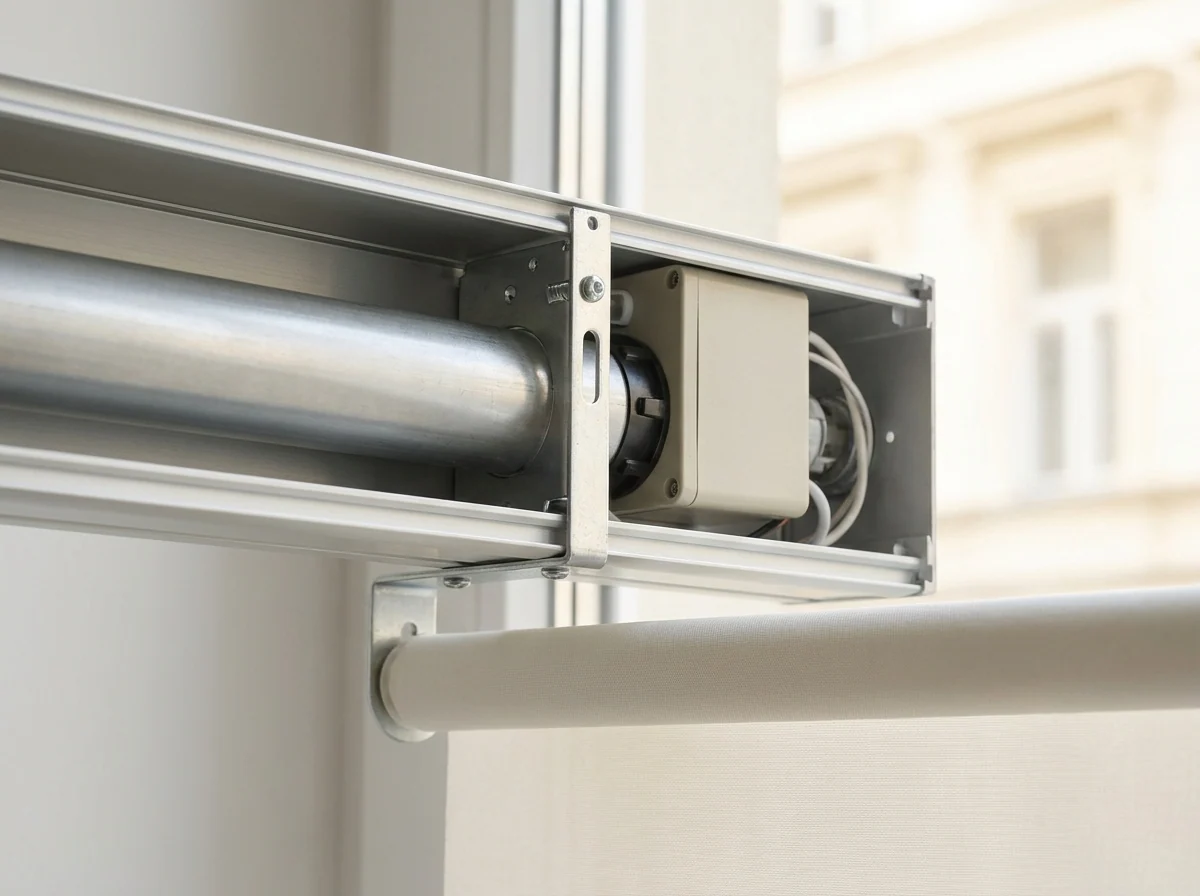 Close-up of a motorised roller blind's headrail and motor unit in a Big Bay installation
