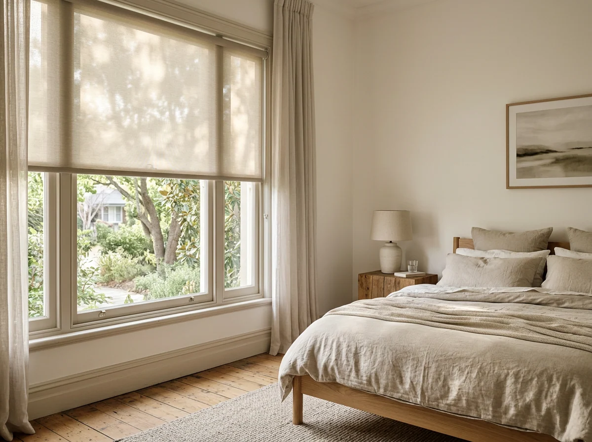 Roller blind paired with curtains in a Big Bay bedroom, garden visible through the window