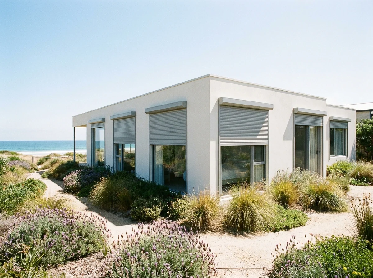 Roller shutters lowered over several windows on a white Big Bay beach house, dune grass in the foreground
