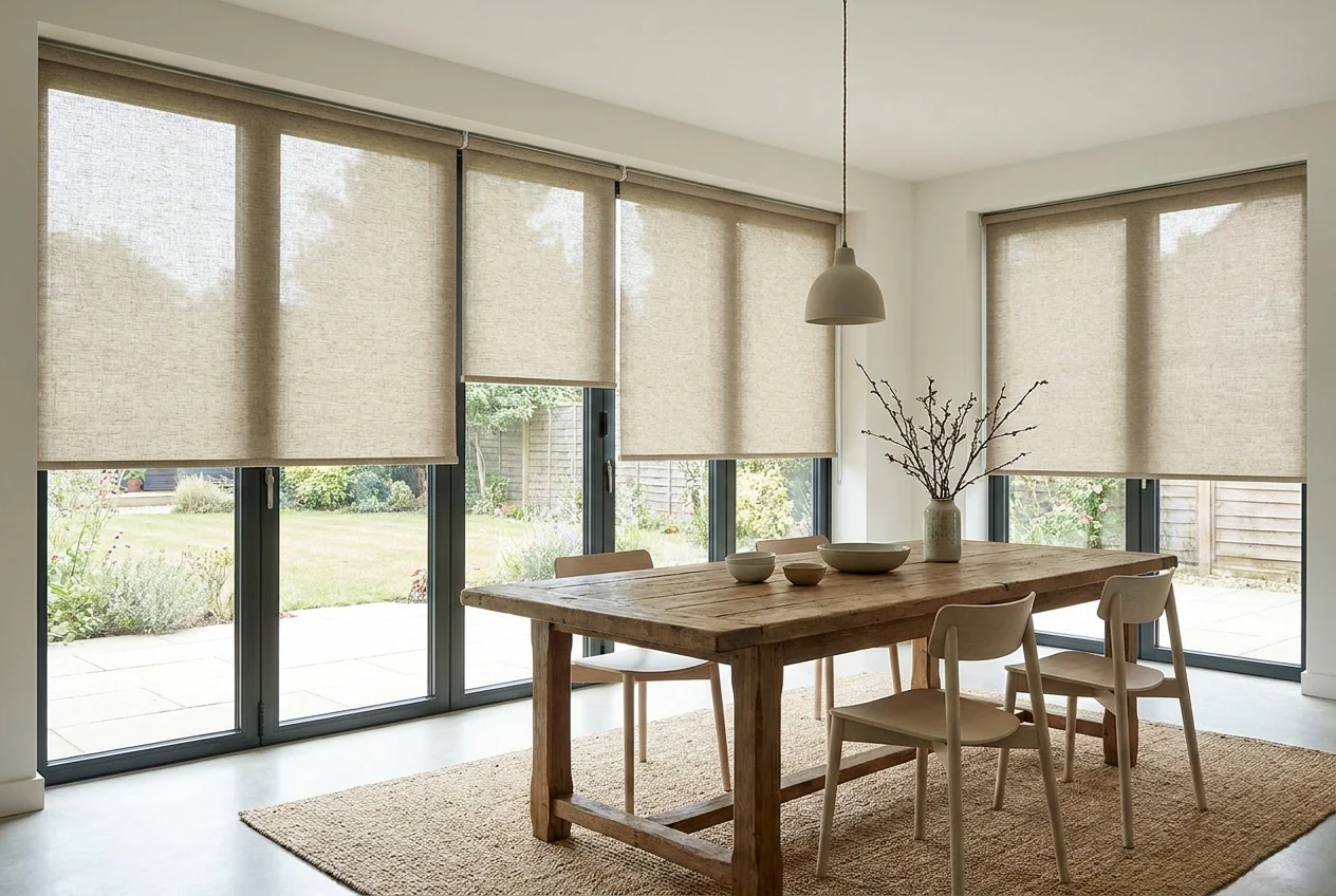 Dining room in a Big Bay home with floor-to-ceiling glass doors fitted with linen-toned roller blinds