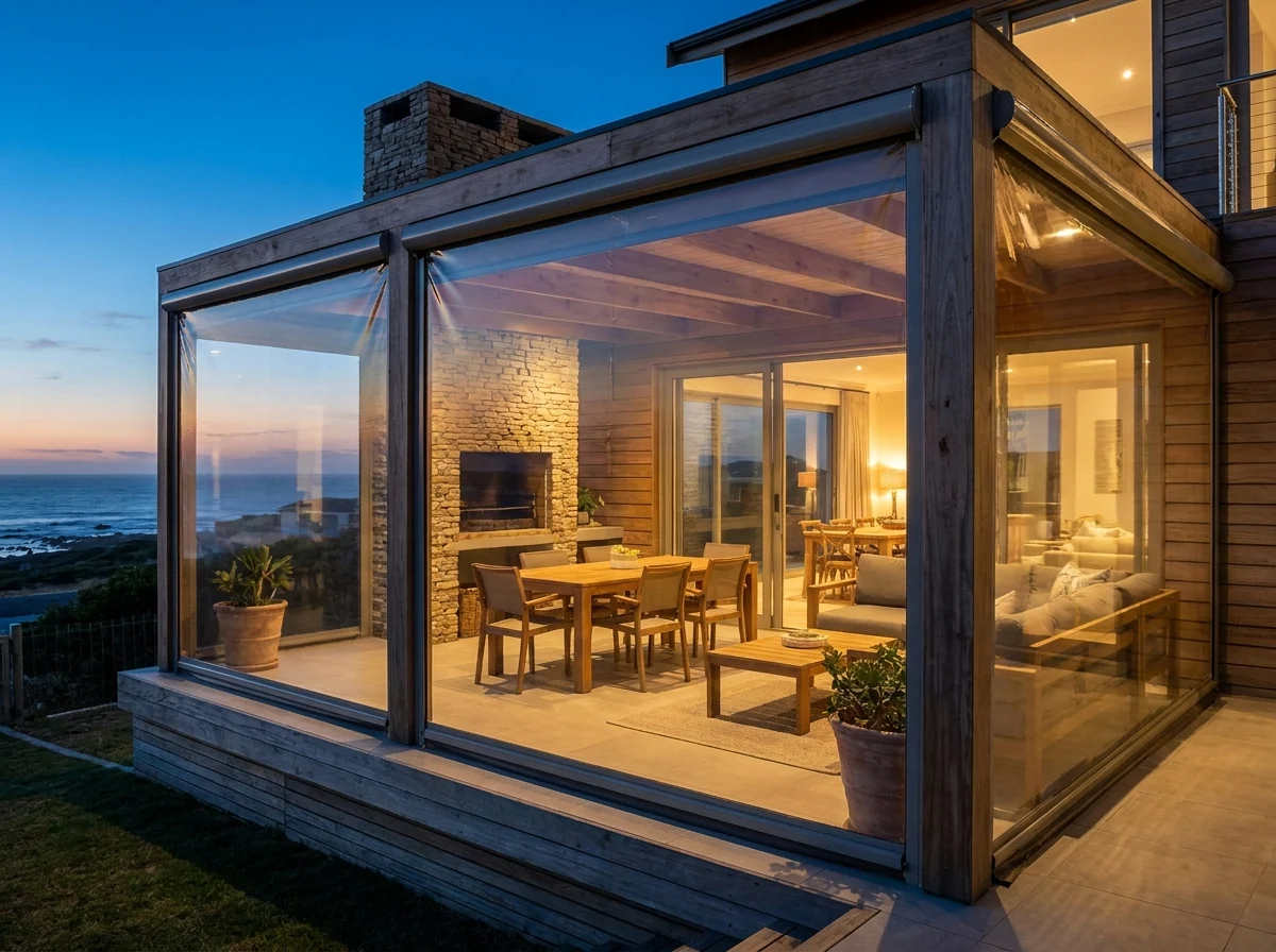 Glass-walled Big Bay sunroom with its zip screens retracted, stone fireplace and ocean view beyond